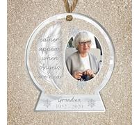 Custom Angel Remembrance Christmas Tree Bauble - Memorial Ornament with Own Photo Upload & Dates for Lost Loved Ones Hanging Decoration (White)