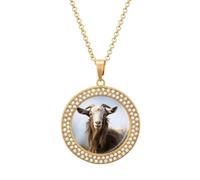 Custom Animal Goat Picture Necklace Personalized Circle Chain Pendant Gold/Silver Photo Dog Tag Keepsake Necklaces Hip Hop Memorial Jewelry Gifts for Men Women, One size, Titanium Steel, Rhinestone