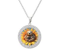 Custom Animal Sitting on Sunflower Picture Necklace Personalized Circle Chain Pendant Gold/Silver Photo Dog Tag Keepsake Necklaces Hip Hop Memorial Jewelry Gifts for Men Women, One size, Titanium