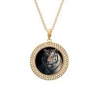Custom Animal Tiger Picture Necklace Personalized Circle Chain Pendant Gold/Silver Photo Dog Tag Keepsake Necklaces Hip Hop Memorial Jewelry Gifts for Men Women, One Size, Titanium Steel, Rhinestone