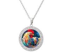 Custom Art Colorful Chicken Picture Necklace Personalized Circle Chain Pendant Gold/Silver Photo Dog Tag Keepsake Necklaces Hip Hop Memorial Jewelry Gifts for Men Women, One Size, Titanium Steel