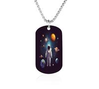 Custom Astronaut Solar System Planets Dog Tag Necklace 23.6" Chain Personalized Photo Pendant for Men Women Stainless Steel Memorial Picture Couple Necklace Jewelry Keepsake Bereavement Sympathy Gifts