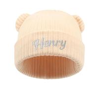 Custom Baby Beanie Hats-Leather Patch Name,Personalized Toddler Baby Beanie Hats,100% Wool Acrylic,Design Your Own Warm Knitted Cute Hat Gifts(Beige)