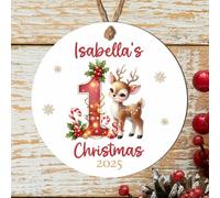 Custom Baby's 1st Christmas Reindeer Decoration Bauble Keepsake Wooden MDF or Acrylic Hanging Tree Decoration For Babies 1st Xmas (Red & gold, MDF Wood - Indoor Use Only)