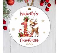 Custom Baby's 1st Christmas Reindeer Decoration Bauble Keepsake Wooden MDF or Acrylic Hanging Tree Decoration For Babies 1st Xmas (Red & gold, Acrylic - Indoor & Outdoor Use)