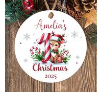 Custom Baby's 1st Christmas Reindeer Decoration Bauble Keepsake Wooden MDF or Acrylic Hanging Tree Decoration For Babies 1st Xmas (Red & silver, MDF Wood - Indoor Use Only)