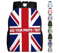 Custom Backpack Union Jack UK Flag Pattern Add Your Photo Logo Text Name Personalised Rucksack Britain Flag Style Casual Daypack Customised College Laptop Bag School Book Bag for Girls Boys Kids Adult