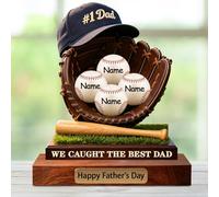 Custom Baseball Glove Cap Wooden Sign with 1-6 Child's Names Personalized We Caught The Best Dad Plaque for Dad Grandpa Husband Men Father Day Them 2D Flat Print Family Decorations for Birthday