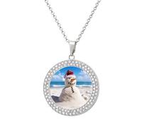 Custom Beach Sandy Snowman Picture Necklace Personalized Circle Chain Pendant Gold/Silver Photo Dog Tag Keepsake Necklaces Hip Hop Memorial Jewelry Gifts for Men Women, One Size, Titanium Steel