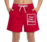 Custom Beach Shorts with Your Photo/Text/Logo,Personalised Beach Board Shorts Sun Protection Sports Trunks Swimsuit Swim Short for Boys Casual Swimming Short Gift for Sons Friends Red