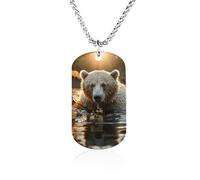 Custom Bear Crossing The River Dog Tag Necklace 23.6" Chain Personalized Photo Pendant for Men Women Stainless Steel Memorial Picture Couple Necklace Jewelry Keepsake Bereavement Sympathy Gifts