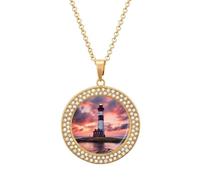 Custom Beauty Lighthouse Picture Necklace Personalized Circle Chain Pendant Gold/Silver Photo Dog Tag Keepsake Necklaces Hip Hop Memorial Jewelry Gifts for Men Women, One size, Titanium Steel