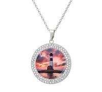 Custom Beauty Lighthouse Picture Necklace Personalized Circle Chain Pendant Gold/Silver Photo Dog Tag Keepsake Necklaces Hip Hop Memorial Jewelry Gifts for Men Women, One size, Titanium Steel