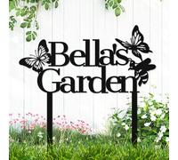 Custom Bee Butterfly Metal Garden Sign with Stakes Personalized Butterflies Garden Stake Yard Sign, Customized Honeybee Butterfly Outdoor Decorative Name Sign Gardening Decor