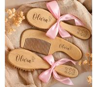 Custom Beechwood Baby Brush and Comb Set Wooden Hair Care Essentials | Custom Engraved Pattern, New Born Shower Gift Pack, Soft Goat Bristle Massager