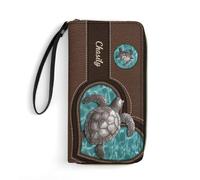 Custom Bifold Wallets with Name Parent-child Purse Personalized Sea Turtle Women Leather Wallet Zipper Coin Cash Multi Card Travel Clutch Wristlet Credit Card Holder for Women Loving Gift For Mother