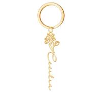 Custom Birth Flower Keychain with Name, Personalized 18K Gold Plated KeyChains with Birthflower, Stainless Steel Birth Month Flower Key Ring, Engraved Name Key Chain Pendant Gifts (Gold)
