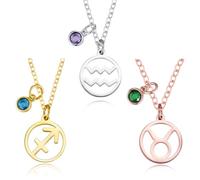 Custom Birthstone Zodiac Sign Necklace for Women Men Kids - Aries Taurus Gemini Cancer Leo Virgo Libra Scorpio Sagittarius Capricorn Aquarius Pisces Constellation Pendant Horoscope Jewellery for Mum