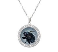 Custom Black Flowers And Dragonfly Picture Necklace Personalized Circle Chain Pendant Gold/Silver Photo Dog Tag Keepsake Necklaces Hip Hop Memorial Jewelry Gifts for Men Women, One size, Titanium