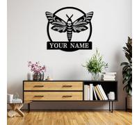 Custom Black Moth Metal Sign, Personalized Black Moth Name Sign,Custom Floral Moth Skull Metal Wall Art,Decoration For Room, Black Moth Metal,Custom Your Name Signs (Moth E)