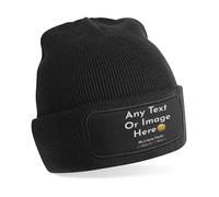 Custom Black Patch Beanie Hat - Personalised Beanie Hats for adult Custom Hat with Logo, Customised Gifts Christmas Birthday