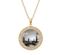 Custom Black White Tall Building Picture Necklace Personalized Circle Chain Pendant Gold/Silver Photo Dog Tag Keepsake Necklaces Hip Hop Memorial Jewelry Gifts for Men Women, One Size, Titanium Steel