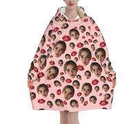 Custom Blanket Hoodie with Pocket Personalised Wearable Blanket fluffy giant oversized hoodie Women Customised Your Face Photo for Adults Men teenage Girl Red Lips snoodie One Size christmas gifts