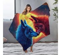 Custom Blanket With Picture Blue And Red Wolves Under The Full Moon Flannel Blanket Cute Throw Blanket Towel Warmer(125x150cm)
