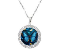 Custom Blue Butterfly Pattern Picture Necklace Personalized Circle Chain Pendant Gold/Silver Photo Dog Tag Keepsake Necklaces Hip Hop Memorial Jewelry Gifts for Men Women, One size, Titanium Steel