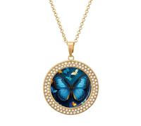Custom Blue Butterfly Pattern Picture Necklace Personalized Circle Chain Pendant Gold/Silver Photo Dog Tag Keepsake Necklaces Hip Hop Memorial Jewelry Gifts for Men Women, One size, Titanium Steel