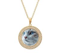 Custom Blue Eyes Cat Picture Necklace Personalized Circle Chain Pendant Gold/Silver Photo Dog Tag Keepsake Necklaces Hip Hop Memorial Jewelry Gifts for Men Women, One size, Titanium Steel, Rhinestone