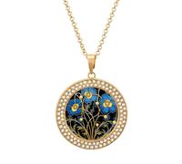 Custom Blue Floral Design Picture Necklace Personalized Circle Chain Pendant Gold/Silver Photo Dog Tag Keepsake Necklaces Hip Hop Memorial Jewelry Gifts for Men Women, One size, Titanium Steel