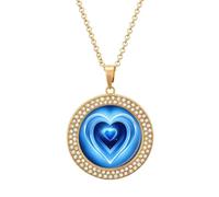 Custom Blue Heart Picture Necklace Personalized Circle Chain Pendant Gold/Silver Photo Dog Tag Keepsake Necklaces Hip Hop Memorial Jewelry Gifts for Men Women, One size, Titanium Steel, Rhinestone
