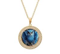 Custom Blue Owl Picture Necklace Personalized Circle Chain Pendant Gold/Silver Photo Dog Tag Keepsake Necklaces Hip Hop Memorial Jewelry Gifts for Men Women, One size, Titanium Steel, Rhinestone