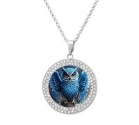 Custom Blue Owl Picture Necklace Personalized Circle Chain Pendant Gold/Silver Photo Dog Tag Keepsake Necklaces Hip Hop Memorial Jewelry Gifts for Men Women, One size, Titanium Steel, Rhinestone