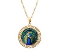 Custom Blue Peacock Picture Necklace Personalized Circle Chain Pendant Gold/Silver Photo Dog Tag Keepsake Necklaces Hip Hop Memorial Jewelry Gifts for Men Women, One size, Titanium Steel, Rhinestone