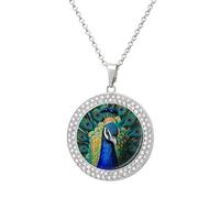 Custom Blue Peacock Picture Necklace Personalized Circle Chain Pendant Gold/Silver Photo Dog Tag Keepsake Necklaces Hip Hop Memorial Jewelry Gifts for Men Women, One size, Titanium Steel, Rhinestone