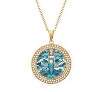 Custom Blue Waves Squama Mermaid Scale Picture Necklace Personalized Circle Chain Pendant Gold/Silver Photo Dog Tag Keepsake Necklaces Hip Hop Memorial Jewelry Gifts for Men Women, One size, Titanium
