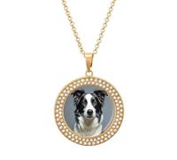 Custom Border Collie Picture Necklace Personalized Circle Chain Pendant Gold/Silver Photo Dog Tag Keepsake Necklaces Hip Hop Memorial Jewelry Gifts for Men Women, One Size, Titanium Steel, Rhinestone
