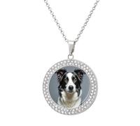 Custom Border Collie Picture Necklace Personalized Circle Chain Pendant Gold/Silver Photo Dog Tag Keepsake Necklaces Hip Hop Memorial Jewelry Gifts for Men Women, One Size, Titanium Steel, Rhinestone