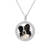 Custom Border Collie Picture Necklace Personalized Circle Chain Pendant Gold/Silver Photo Dog Tag Keepsake Necklaces Hip Hop Memorial Jewelry Gifts for Men Women, One Size, Titanium Steel, Rhinestone