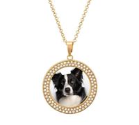 Custom Border Collie Picture Necklace Personalized Circle Chain Pendant Gold/Silver Photo Dog Tag Keepsake Necklaces Hip Hop Memorial Jewelry Gifts for Men Women, One Size, Titanium Steel, Rhinestone