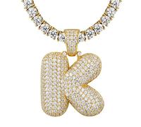Custom Bubble Letter K Pendant Initial 925 Silver Tennis Necklace Gold Tone Iced Out