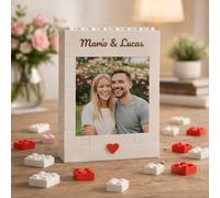 Custom Building Brick Photo Frame, Personalised Couple’s Picture Block Puzzle with Name & Date, Building Block Keepsake Home Décor for Couples & Family, Anniversary & Valentine’s Day Gift for Him or H