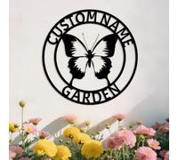 Custom Butterfly with Flower Metal Wall Art,Personalized Garden Name Sign,Garden Yard Patio Hanging Decoration for Outside,Gardeners Gift style 13