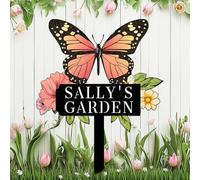 Custom Butterrfly Garden Signs with Stake,Personalized Gardener Name Metal Sign Flowers Welcome Plaque,Butterflies Customized Gardening Gifts for Outside,Floral Decor for Lawn Yard Porch Patio Outdoor
