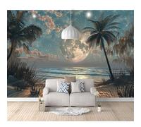 Custom Cafe Hotel Bar Interior 3D Self-Adhesive Wallpaper Mural Wall Sticker Beach Night View Moon Coconut Palm sea 100x70cm Background for Office Dining Room Children's