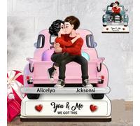 Custom Cartoon Couples Portraits Car Sign Plaque for Bedroom Personalized 2-Layered Wooden Plaque You and Me We Got This Couple Stand Valentine Gift For Him Her Wife Husband Newlyweds