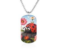 Custom Cartoon Ladybug Flower Dog Tag Necklace 23.6" Chain Personalized Photo Pendant for Men Women Stainless Steel Memorial Picture Couple Necklace Jewelry Keepsake Bereavement Sympathy Gifts