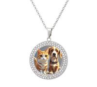 Custom Cats And Dogs Picture Necklace Personalized Circle Chain Pendant Gold/Silver Photo Dog Tag Keepsake Necklaces Hip Hop Memorial Jewelry Gifts for Men Women, One Size, Titanium Steel, Rhinestone